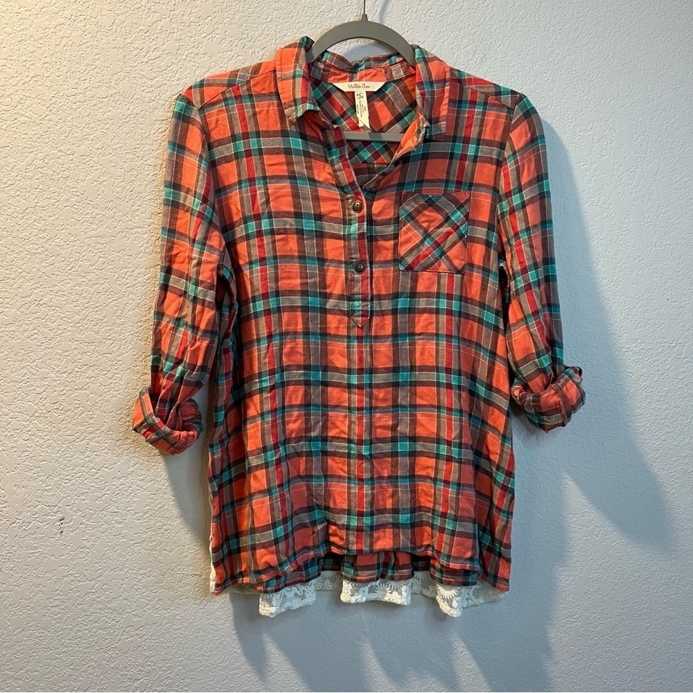 Women’s Matilda Jane orange plaid button front pullover roll sleeve top size S